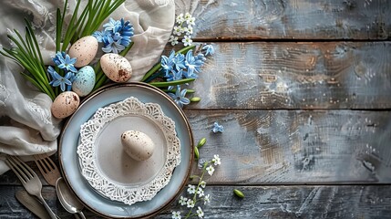 Top view of Easter table setting with plate, cutlery, lace doily napkin, and hyacinth flowers on shabby chic wooden background. - obrazy, fototapety, plakaty