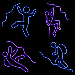 mountaineering group of neon icons, vector illustration on black background.