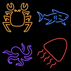 Marine life group of neon icons, vector illustration on black background.