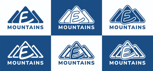 Set of letter E round mountains logo. This logo combines letters and mountain shapes. Suitable for nature lovers, hiking shops, outdoor tool shops and the like.