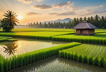 Scenery of rice fields in the countryside - obrazy, fototapety, plakaty