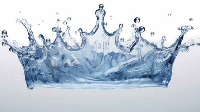 Water crown splashes and wave swirl with drops. Blue liquid splashing fluids with droplets, isolated realistic, fresh drink, clear aqua falling or pour with air bubbles