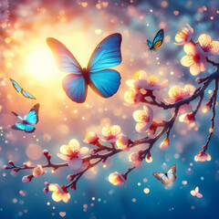 Beautiful spring blossom background with butterflies and bokeh lights Generative AI 