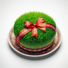 Fototapeta na wymiar congratulations on Nowruz with a fresh and festive green herb sprout on a plate tied with a red ribbon