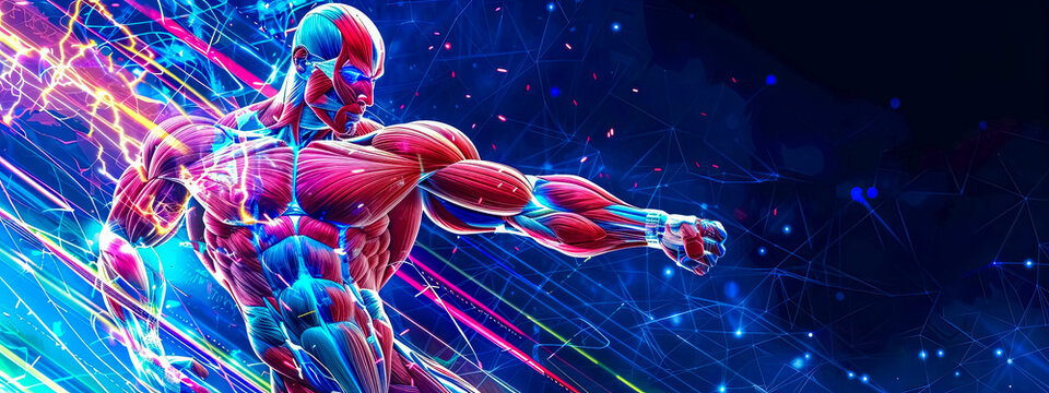 Dynamic muscle anatomy illustration on abstract background, copy space