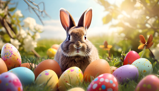 Easter bunny among painted eggs on sunny field themed background colorful eggs blooming flowers