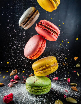colorful macaroons, product photography, dark background, restaurant, cafe