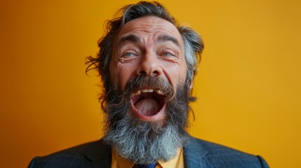 Yellow background, businessman with beard, emotions, portrait, boss, anger, scream, aggression.