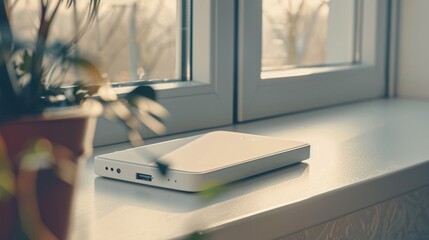 A compact portable power bank positioned on a white tabletop, providing on-the-go charging for smartphones and tablets. - obrazy, fototapety, plakaty