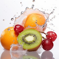 A kiwi, oranges, and grapes are splashing into the clear water, creating ripples and bubbles as they submerge.