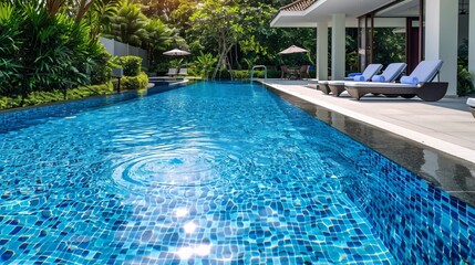 Inviting sapphire blue swimming pool its marbled tiles shimmering in the sunlight beckoning swimmers to dive in