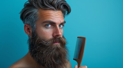 An image of a young man with a beard holding a comb is shown on a blue background.