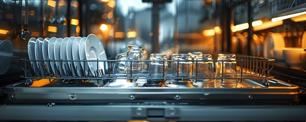 Ensuring Sparkling Clean Dishes and Cutlery with an Industrial Dishwasher in Action. Concept Industrial Dishwasher, Dishwashing Process, Clean Dishes, Commercial Kitchen Equipment - obrazy, fototapety, plakaty