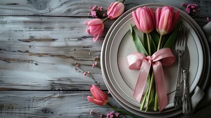 Happy easter greeting card with fork & knife silverware, pink tulip tied with pink ribbon against a white wooden texture table background. Closeup, top view, copy space.