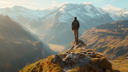 Man Standing on Mountain Top Admiring the View - obrazy, fototapety, plakaty