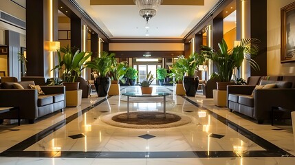 Spacious Hotel Lobby with Large Planters and Dining Area