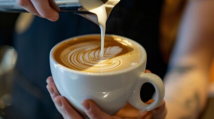 a person pouring milk into a cup of coffee - Powered by Adobe