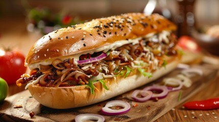 A sandwich loaded with meat and onions is placed on a wooden cutting board.