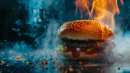 A hamburger with significant burn marks on its surface, giving it a charred appearance, served on a plate. - obrazy, fototapety, plakaty