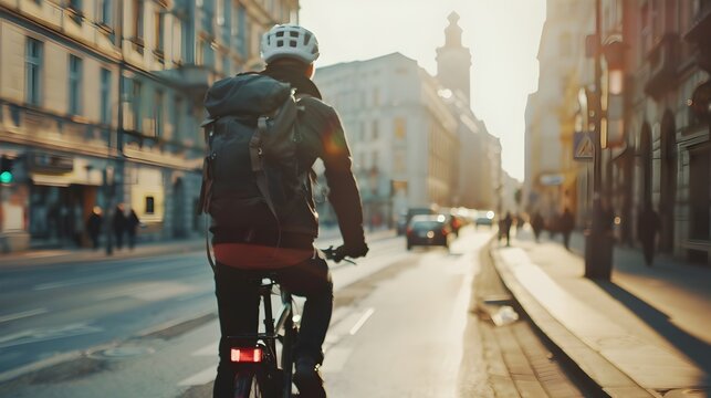 Futuristic Commuter Cycling in a City Street with Backpack