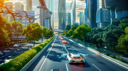 Obraz premium Smart City Transportation System Autonomous Vehicle on Modern Urban Freeway