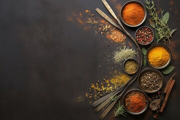 Culinary artistry Spices and herbs for cooking on dark background