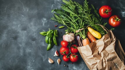 A bag filled with various fresh vegetables placed on top of a wooden table.