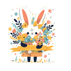 A rabbit holding a bouquet of flowers and a ribbon that says Happy Easter. The bunny is cute and the flowers are bright and colorful, giving the image a cheerful and festive mood