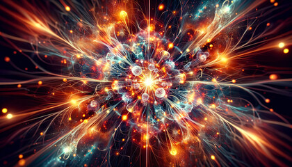 
A vibrant explosion of particles and energy depicting a cosmic event, full of dynamic motion and color. AI-generated.