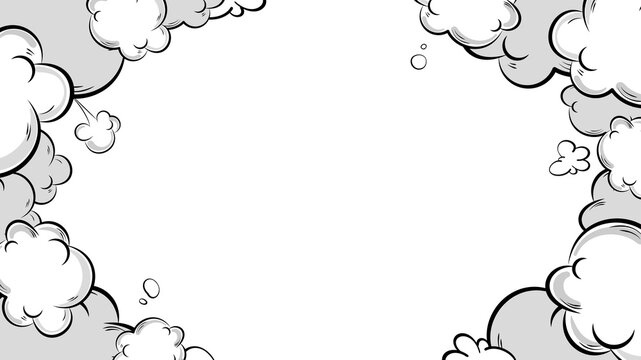 Comic clouds frame background. Cartoon puff clouds frame on transparent background. Comic book explosion. Explosion with puffs of smoke.