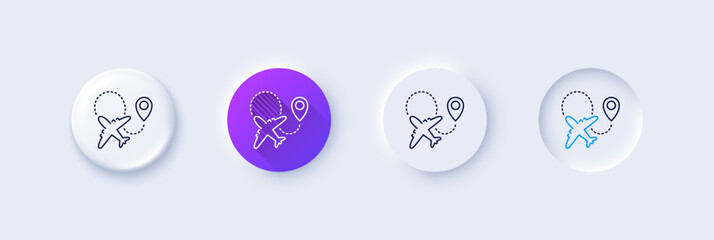 Airplane line icon. Neumorphic, Purple gradient, 3d pin buttons. Plane flight transport sign. Aircraft symbol. Line icons. Neumorphic buttons with outline signs. Vector