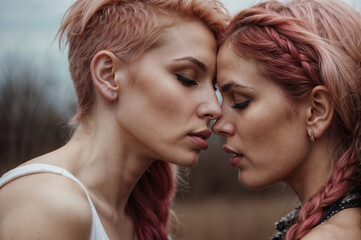 Obraz premium Intimate moment between two women with pink hair, foreheads touching gently