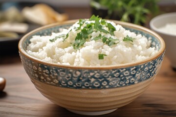 Closeup image of a bowl with freshly cooked rice on display