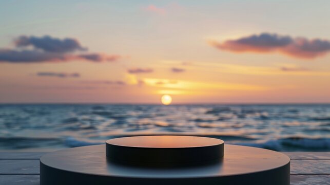 Modern black podium on a blurred beach sunset background perfect for luxury summer product launches
