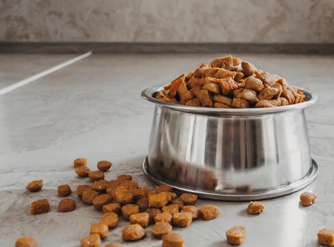 Comida de perro en un bowl met&aacute;lico en el suelo de la casa, primer plano.