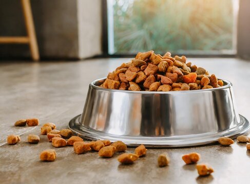 Comida de perro en un bowl met&aacute;lico en el suelo de la casa, primer plano.