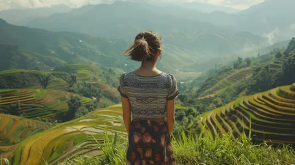 Cercles muraux Rizières European girl among rice terraces and green plantations in Asia
