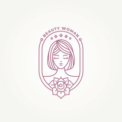 minimalist beauty woman with flower badge line art icon logo template vector illustration design. simple modern beauty salon, massage, and spa emblem logo concept