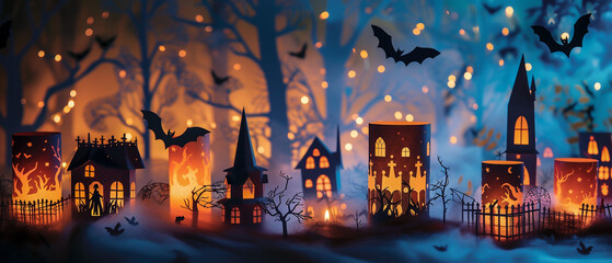 In the attic, a friendly witch brews spells, adding a touch of whimsy to the haunted house papercut