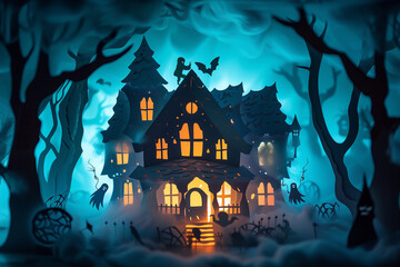 Fototapeta na wymiar An interactive papercut scene unfolds into a haunted house, where each corner holds a supernatural surprise