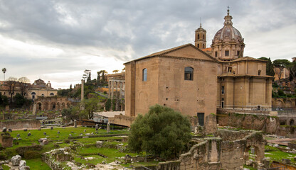 Obraz premium View of the Roman Forum, also known by its Latin name Forum Romanum. It is an archaeological park with the ruins of several important ancient buildings in the historic center of Rome, Italy.