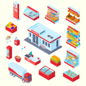 Isometric supermarket set with isolated display icons shelves with food products fridges and shopping cart images vector illustration