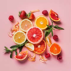 Various fruits cut in half displayed on a pink table, showcasing vibrant colors and textures.