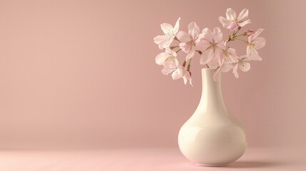 A single stem of delicate pink cherry blossoms showcased in a minimalist white vase, symbolizing the fleeting beauty of spring.