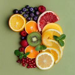 Naklejka na ściany i meble Various fresh fruits neatly arranged on a wooden table in a kitchen.