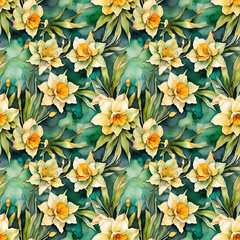 seamless pattern of yellow narcissus on green alcohol ink background