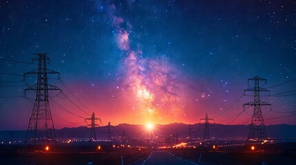 An aerial view of a media antenna and electric high voltage power tower silhouetted against the background of a night city on the horizon and the Milky Way in the clear sky can be seen from below - obrazy, fototapety, plakaty