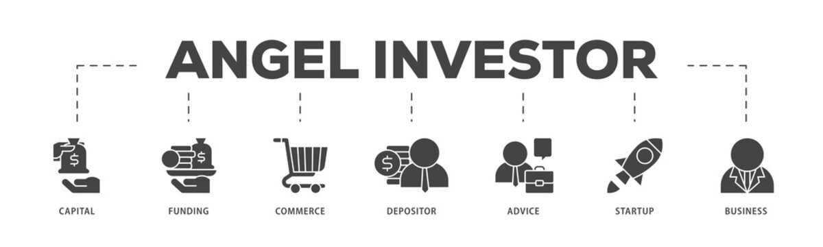 Angel investor icons process structure web banner illustration of capital, funding, commerce, depositor, advice, startup and business icon live stroke and easy to edit 