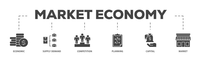 Market economy icons process structure web banner illustration of economic, supply demand, competition, planning, capital, market icon live stroke and easy to edit 