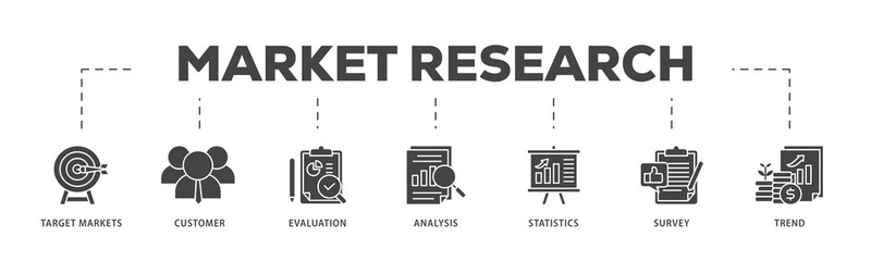 Market research icons process structure web banner illustration of target markets, customer, evaluation, analysis, statistics, survey and trend icon live stroke and easy to edit 